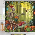 thumbnail image 1 of Whimsical Halloween Shower Curtain with Skeleton, Pumpkins & Bats - Colorful Forest Design, 1 of 5