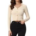 thumbnail image 1 of Suéter Corto de Manga Larga con Cuello en V para Mujer Jersey de Punto Acanalado Informal Beige XL, 1 of 5