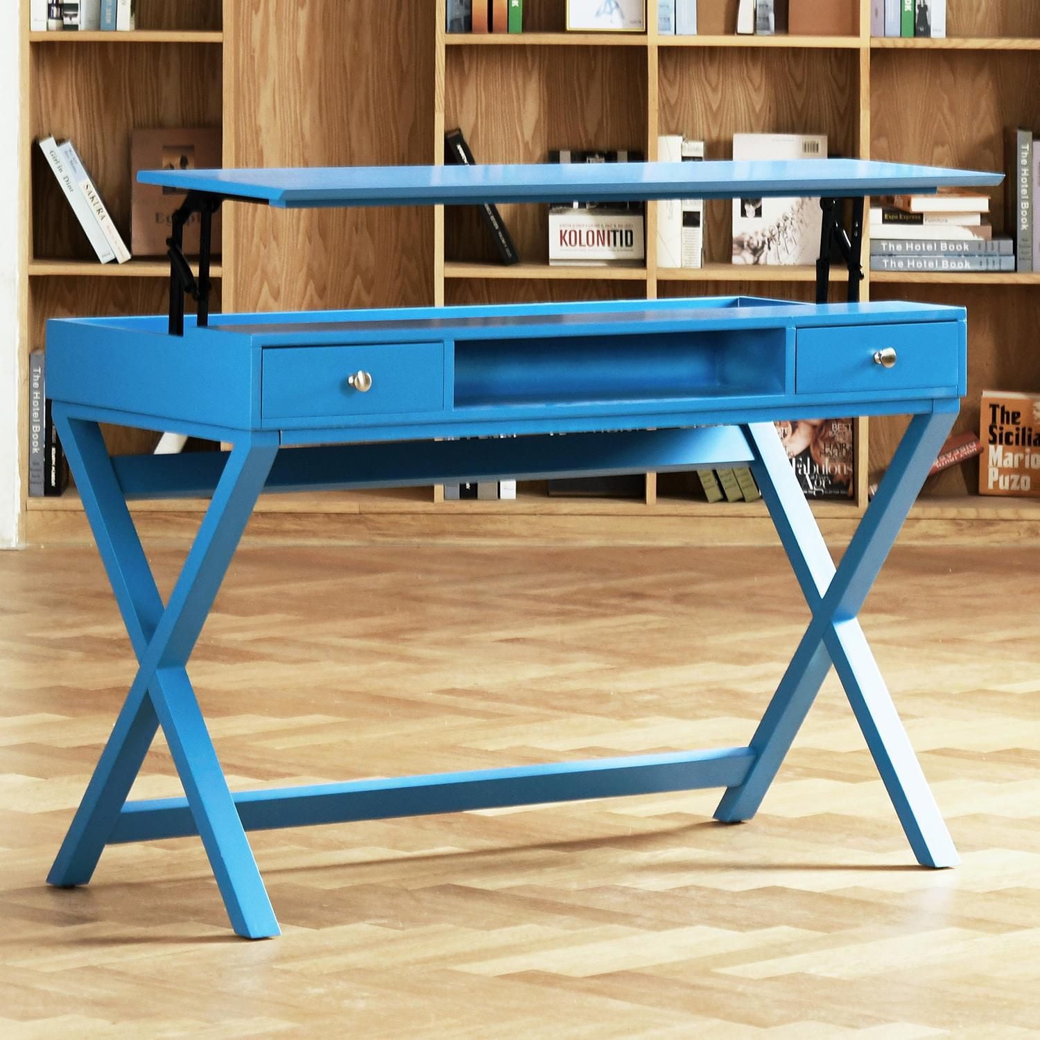 Homylin Bureau d'ordinateur avec plateau relevable et tiroirs, bureau de 44 pouces avec rangement, bureau d'écriture avec étagère, poste de travail pour le bureau à domicile et la chambre, bleu