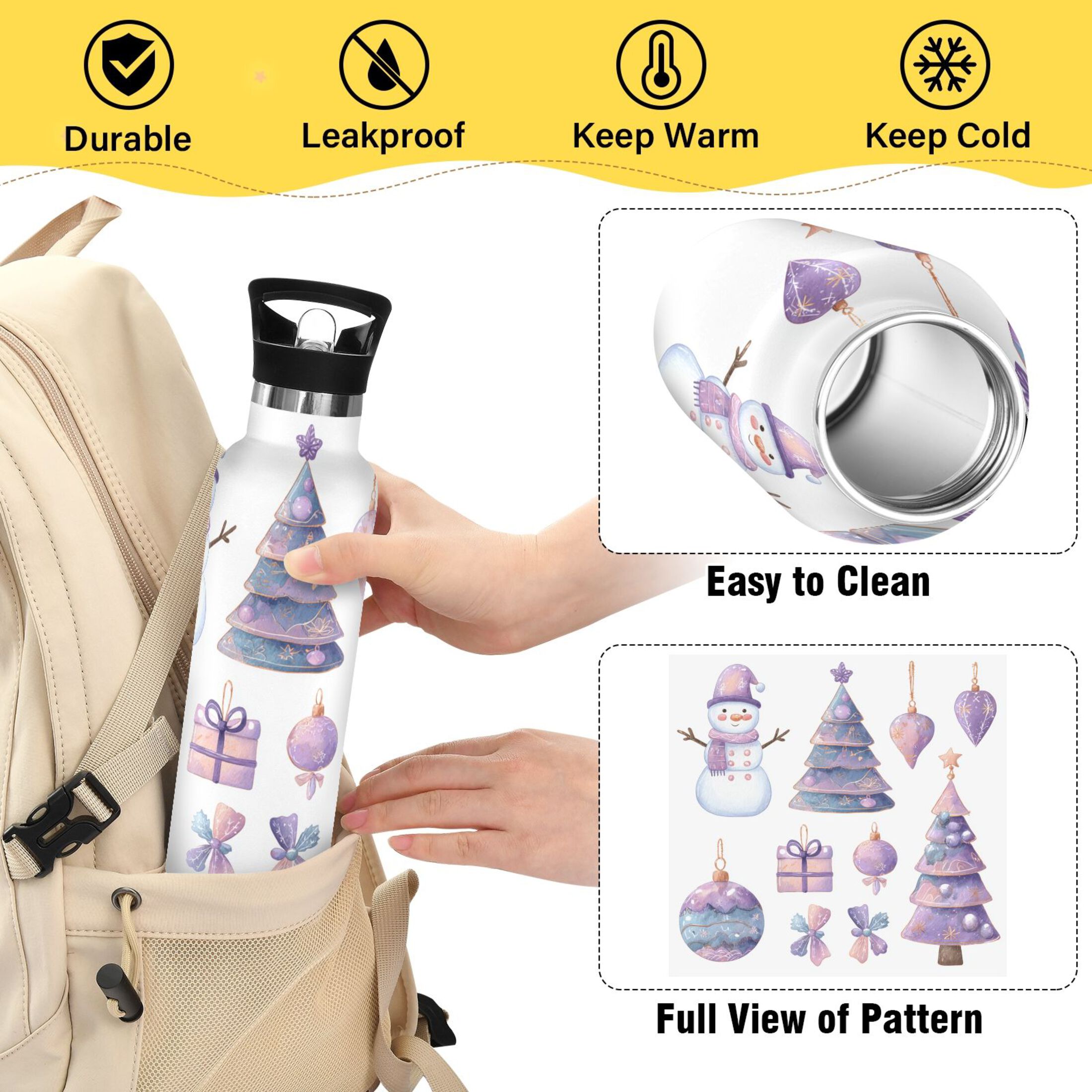 600ML Stainless Steel Insulated Cup Sports Water Bottle Portable Thermos Cup Water Glasses Insulated Tumblers Convenient and Durable Purple Lovely Christmas Tree