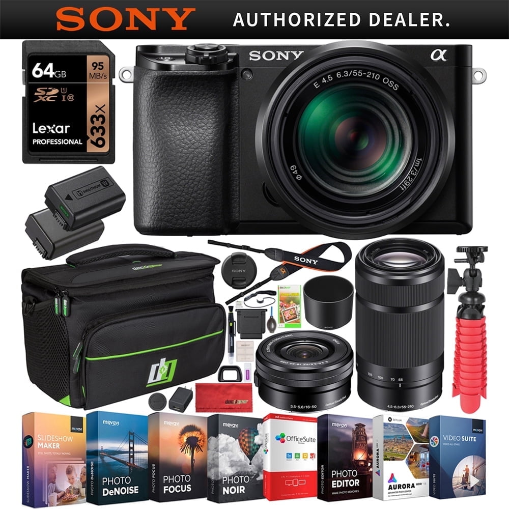 Sony a6100 Mirrorless Camera 4K APS-C ILCE-6100YB with 2 Lens Kit 16-50mm + 55-210mm Bundle with 2x Battery + Deco Gear Travel Bag Case + 64GB Memory Card + Photo Video Software + Accessories