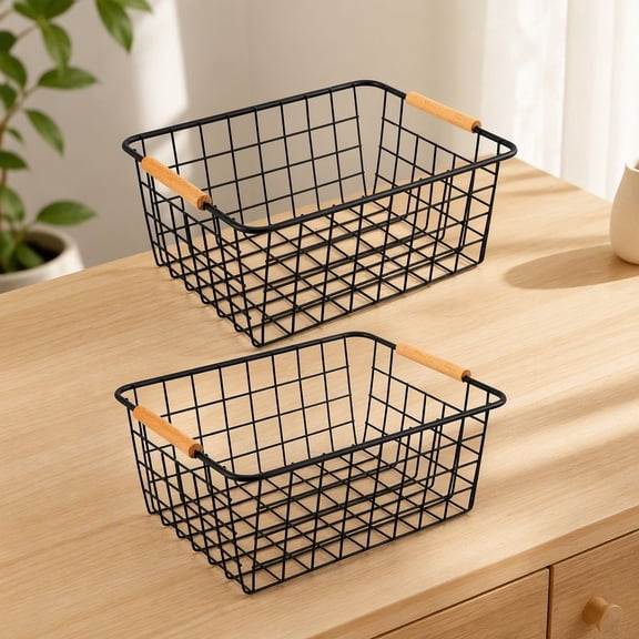 2 Pack Wire Storage Baskets with Wooden Handles, Metal Wire Baskets for Pantry Organization, Kitchen, Closet, Office Storage