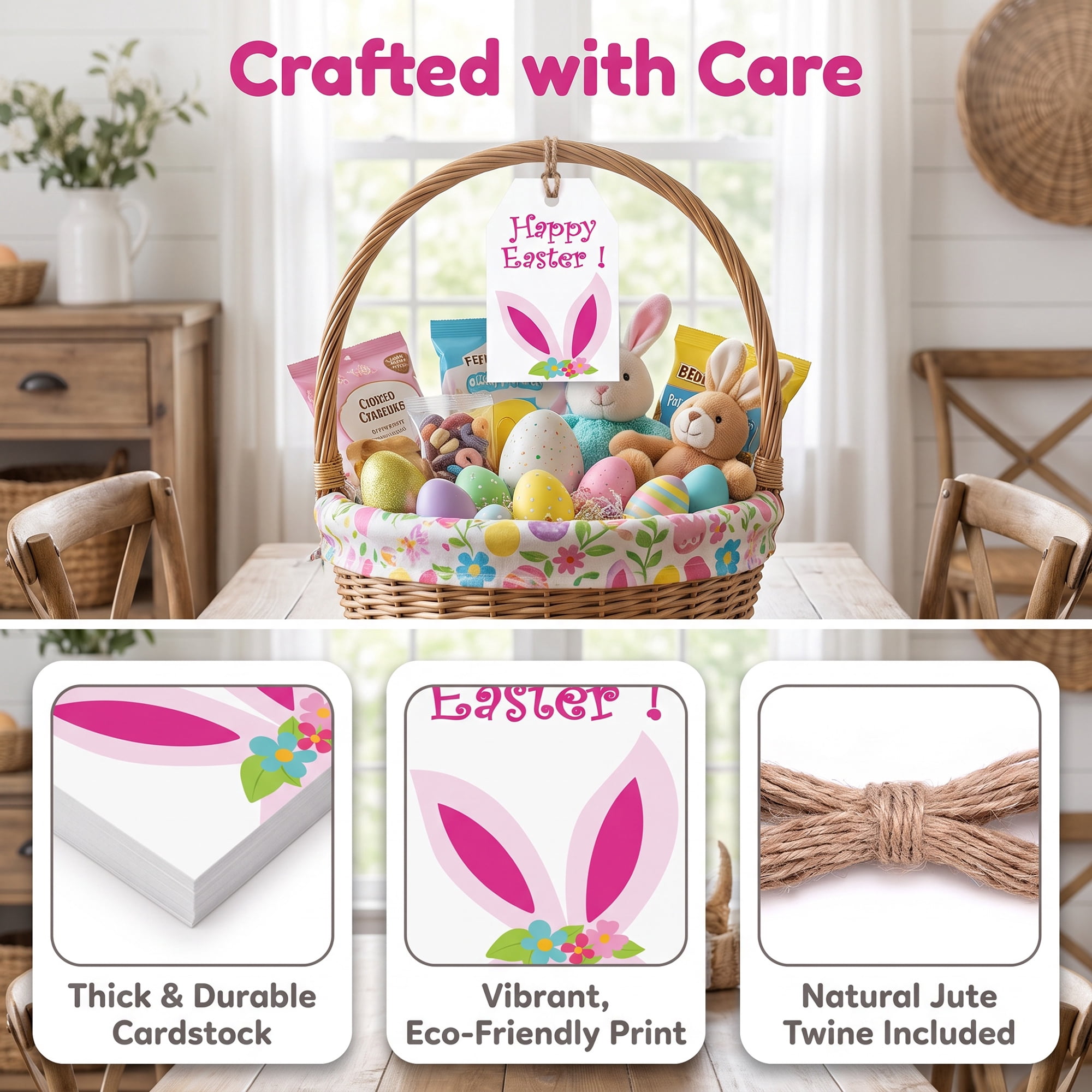 Unique Bargains 100Pcs Easter Gift Tags with Twine Rabbit Ear Pattern 2" x 3.1"
