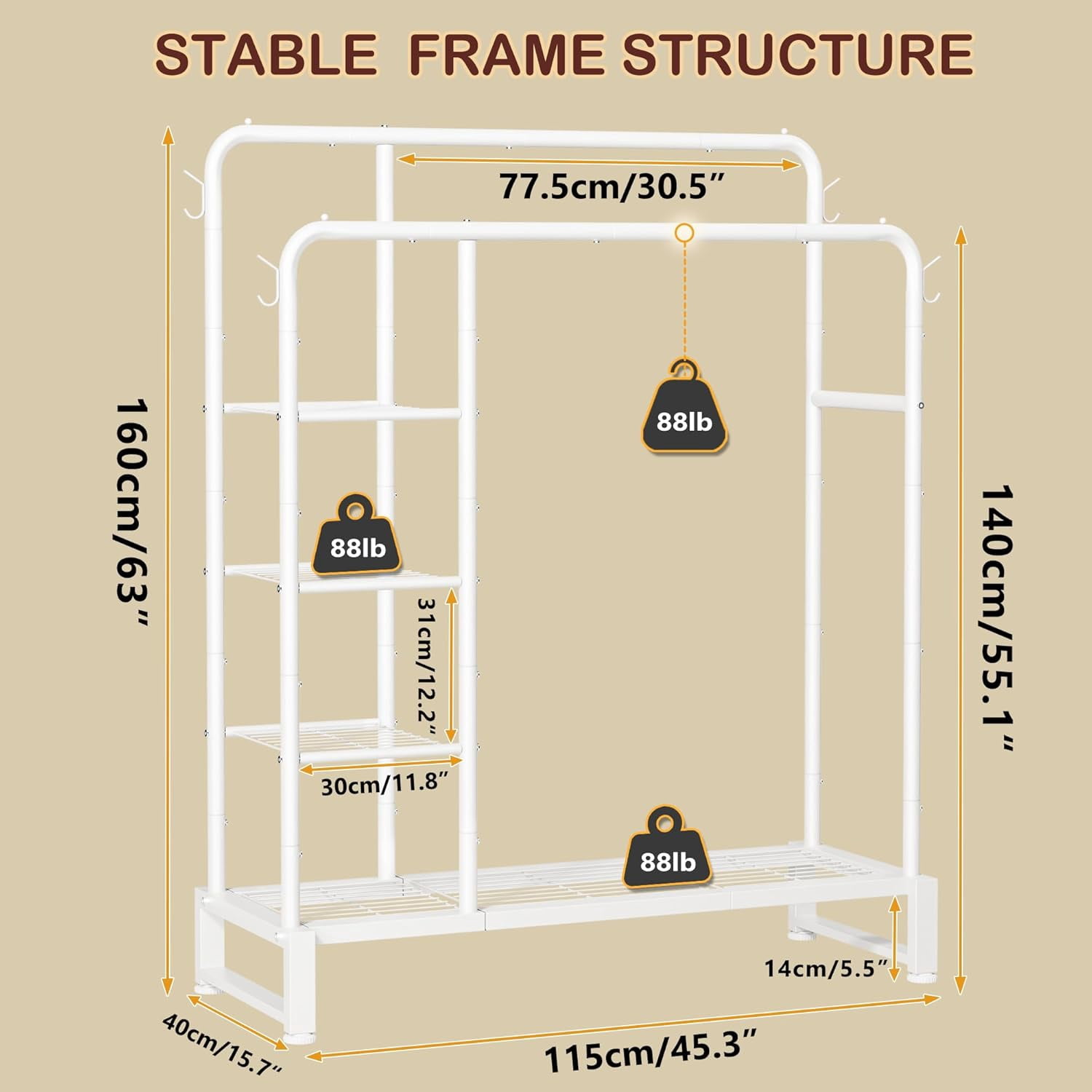 Double Rods Clothes Rack Clothing Rack with  Storage Shelves Clothes Rack for Hanging Clothes Multifunctional Heavy Duty Clothes Organizer with Hooks for Bedroom,Wardrobe Closet,Shop