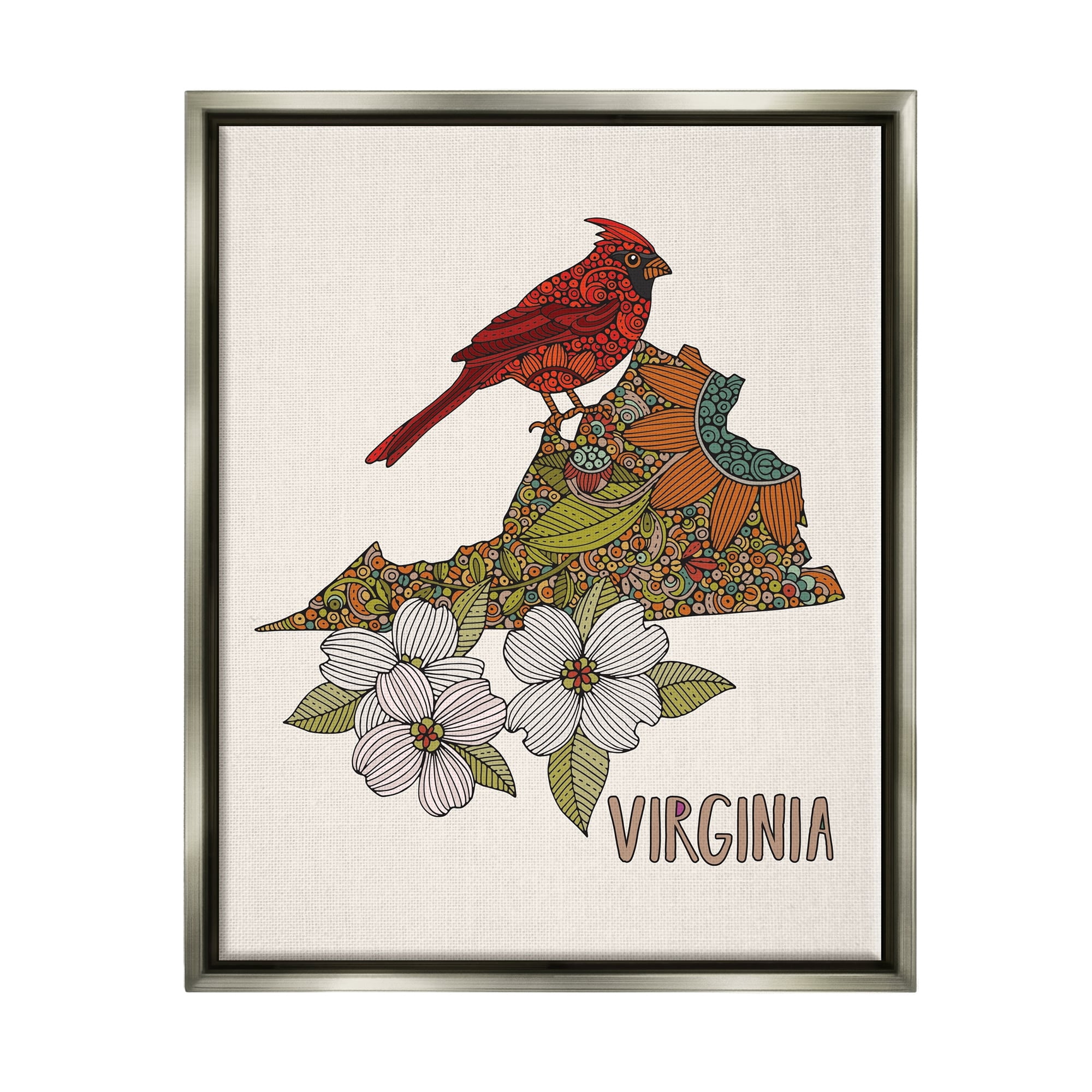 Stupell Industries Virginia Cardinal Bird Intricate Dogwood Floral Pattern Graphic Art Luster Gray Floating Framed Canvas Print Wall Art, Design by Valentina Harper