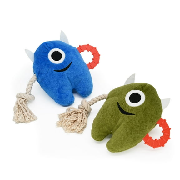 Onmygogo Dog Squeaky Chew Toys, Stuffed Plush Dog Toys for Aggressive Chewers Durable Tug of War Rope Toys Puppy Toys for Small, Medium Breed Monster Toys(Set of 2, Blue and Green)