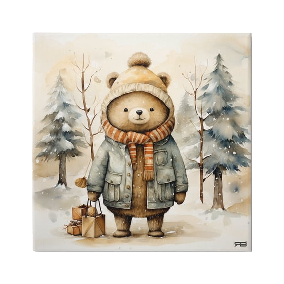 Stupell Industries Bear in Snowy Forest Animals & Insects Painting Gallery Wrapped Canvas Art Print Wall Art, 17 x 17