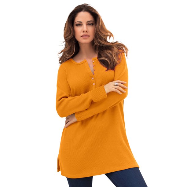 Roaman's Women's Plus Size Thermal Henley Tunic Long Sleeve Shirt