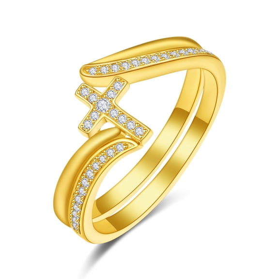 Cross Ends Cz Thumb Ring Womens Christians Prayer 925 Sterling Silver 14K Gold Plated Tiny Stacking Ring Size 8