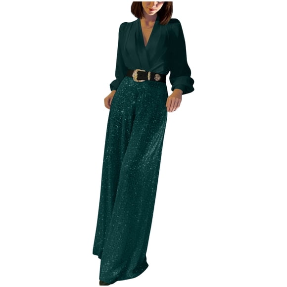 RXMEKW Sequin Jumpsuit with V-Neck and Detachable Belt for Women, Long Sleeve Romper for Parties in Gold/Black/Red