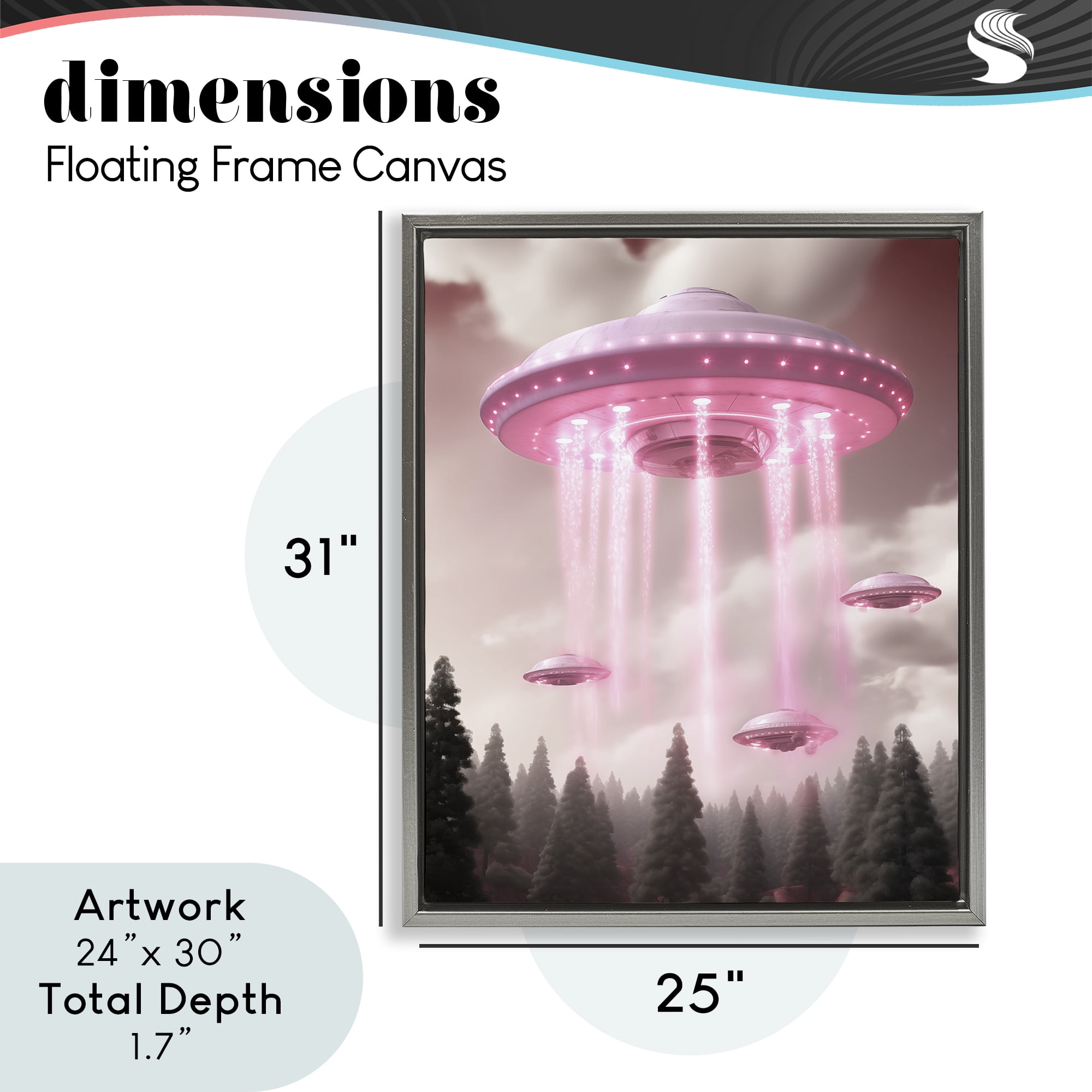 Glam UFO with Pink Beams Gray Framed Floater Canvas Wall Art, design by Sasha