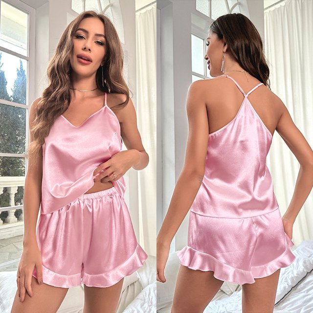 Pijama sexy de seda de hielo con tirantes, traje de verano de dos piezas para mujer, pantalones cortos, ropa de hogar para mujer
