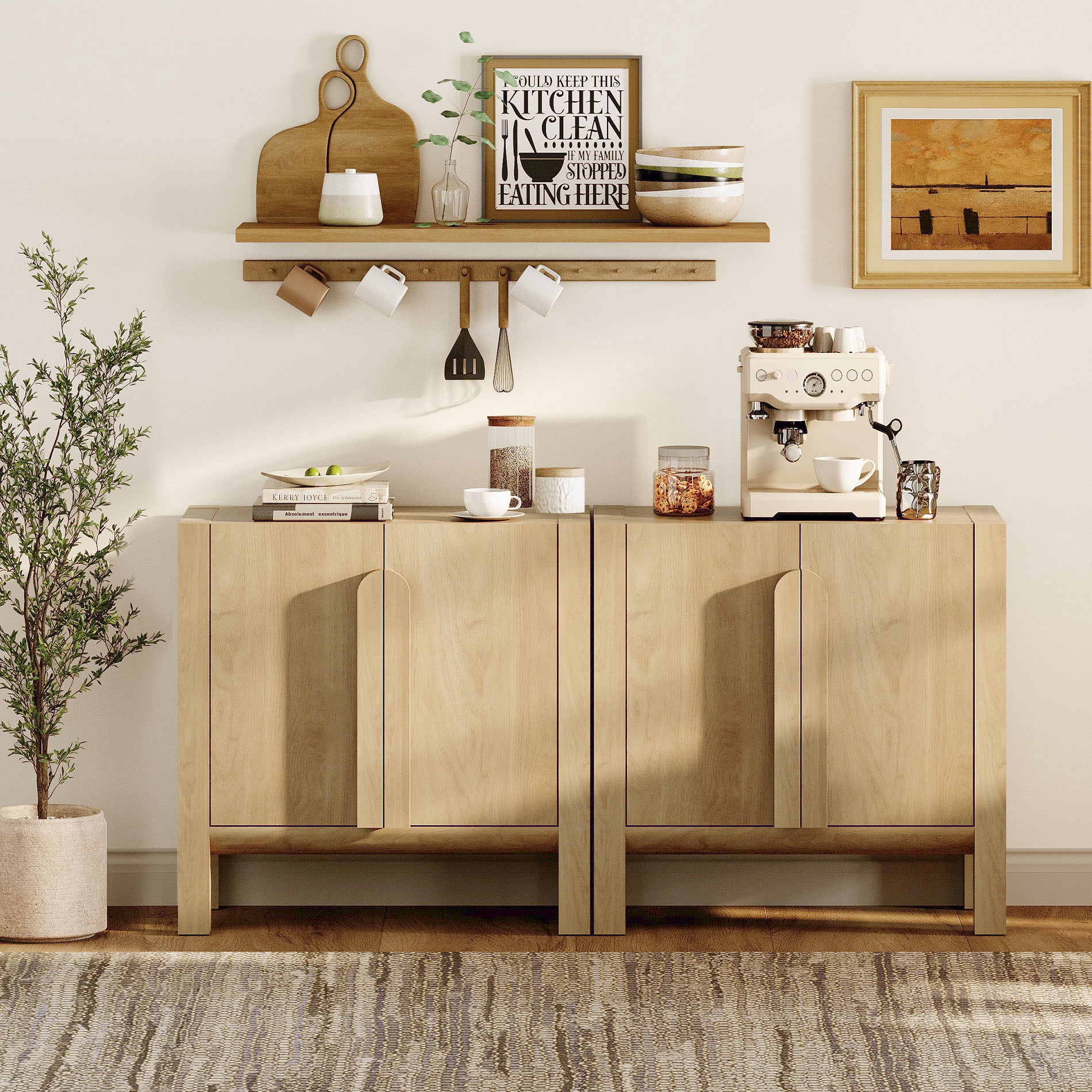 Mid-Century Modern 63" Sideboard Buffet Cabinet with Storage, Wood Credenza with 4 Doors and Adjustable Shelves for Kitchen Living Room, Dining Room