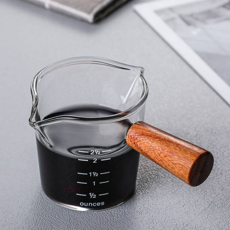 Ochine 2.5-Ounce Espresso Measuring Glass with Wooden Handle Double Spouts Espresso Shot Glass Measuring Cup Pitcher Barista Measuring Cups for Coffee