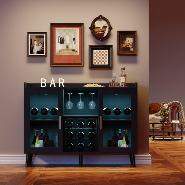 47 Inch LED Lighted Wine Bar Cabinet with Tempered Glass Doors, Modern Freestanding Sideboard with Wine Racks and Stemware Holders, Walnut Black Storage Console for Living Room Kitchen Dining Room