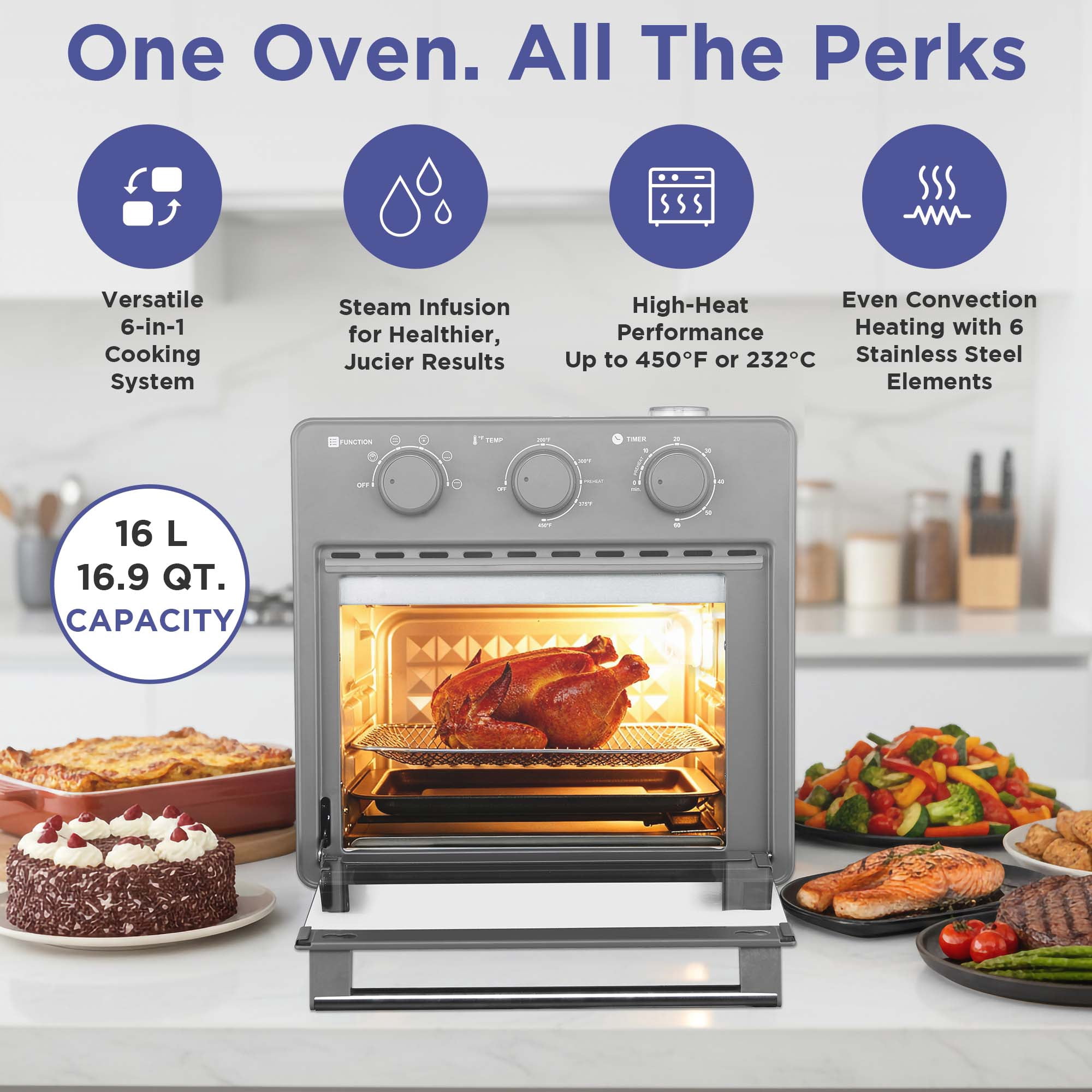 Magnavox 16.9 Qt./16L Air Fryer Oven with Steam Infusion, Countertop Convection Toaster Oven with Viewing Window, Char
