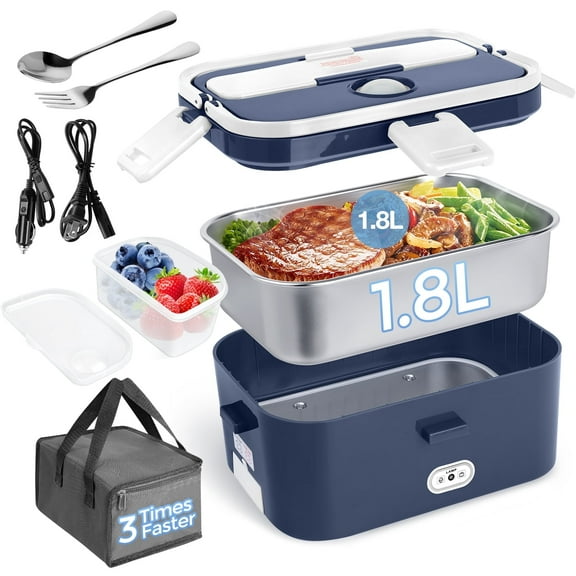 Livhil Electric Lunch Box Food Heater, Portable Food Warmer, Heated Lunch Box, Lunch Warmer for Adults, 60W 1.8L 12V-24V 110V (White Royal Blue)