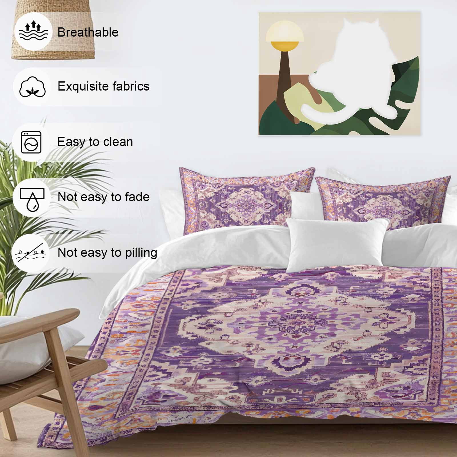 Purple Orange Boho Bedding 3 Piece Duvet Cover Set California King, Ethnic Geometric Middle Century Art Soft Microfiber Comforter Cover with Zipper Closure & Pillowcases, FadeResistant Quilt Cover