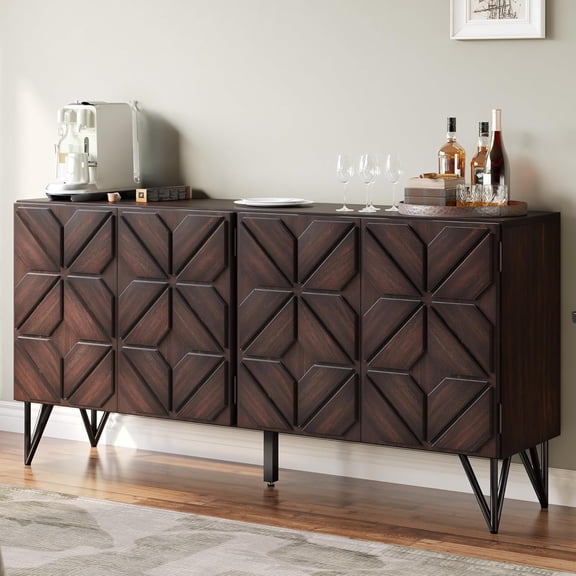 Papajet 62.4" Solid Acacia Wood Sideboard Buffet Cabinet with Adjustable Shelves for Hallway, Living Room or Kitchen, Dark Walnut