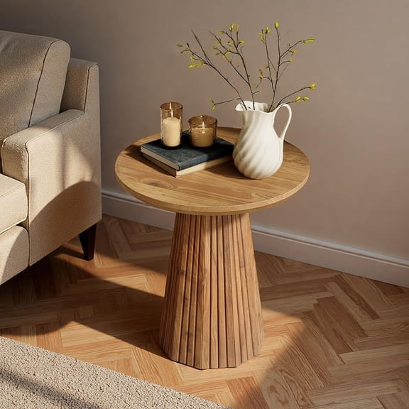 Finmind Solid Wood Pedestal Side Table, Small Round End Drink Table for Living Room, Small Spaces