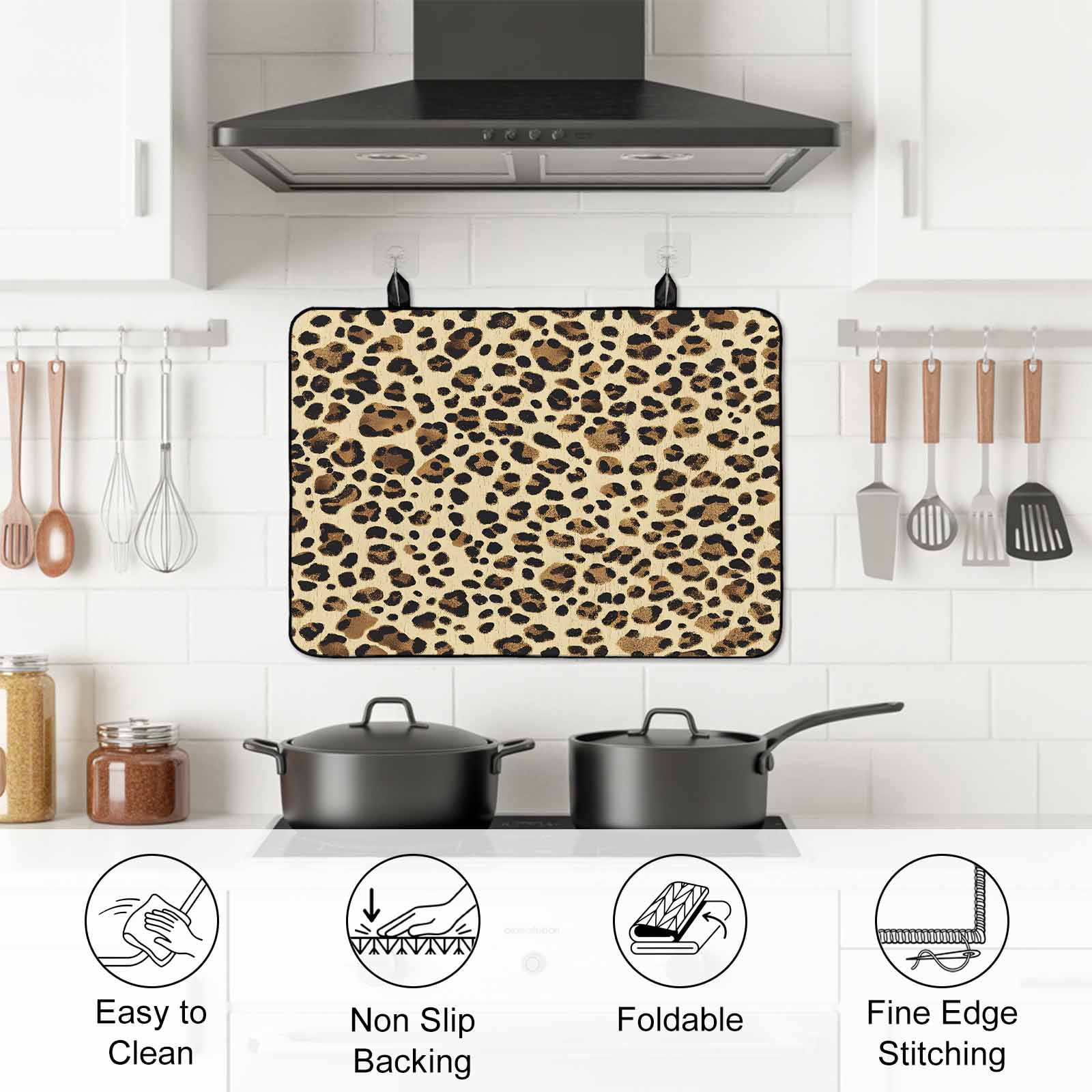 Leopard Stove Top Cover for Electric Stove, Heat-proof & Non Slip Glass Top Stove Cover Protector, Brown Animals Art Modern Farmhouse Kitchen Flat Cooktop Rubber Mat 24x21 Inches