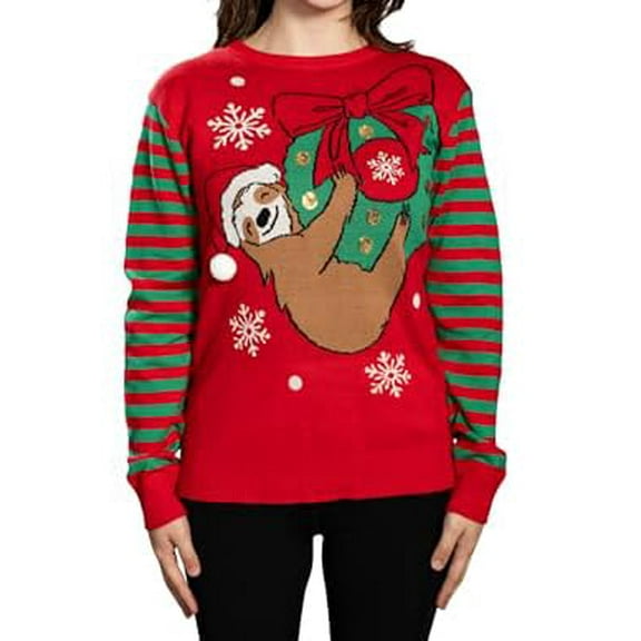 Sloth Santa Hat Hanging on Gift Ball Ornament Wreath Womens Ugly Christmas Sweater (US, Alpha, X-Large, Regular, Regular, Red)