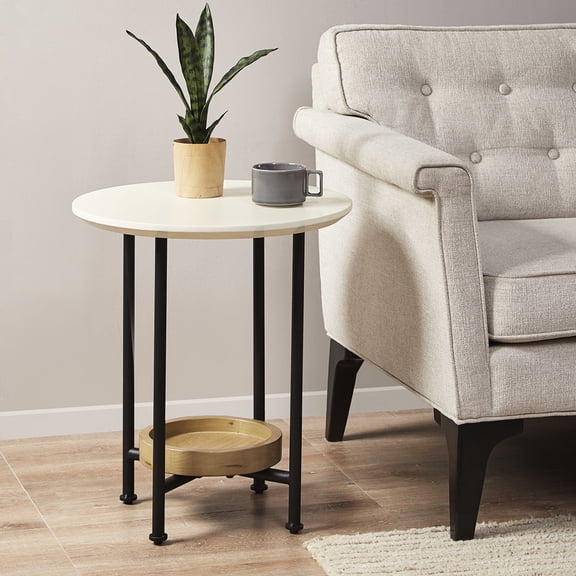 Oval End Table With White Featurette And Natural Shelf On Metal Ceiling Top Table, Base, Decorate Your Living Space