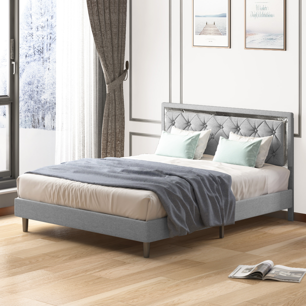 MUZZ Queen Size Bed Frames with Headboard, Upholstered Bed Frame with