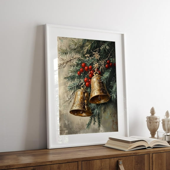 Moody Christmas Bells Print, Christmas Printable Wall Art, Vintage Winter Wall Art Jingle Bells Poster, Farmhouse Christmas Painting Art, 24x36 UNFRAMED