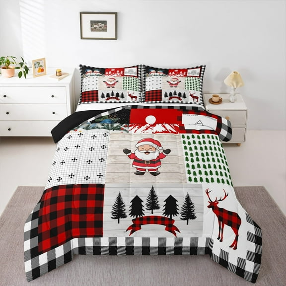 Manfei Cartoon Santa Claus Bedding Comforter Set for Child, Merry Christmas Twin Comforter Sets, Patchwork Plaid Reversible Bedding Set, Microfiber Bedroom Decor, 2 Pieces