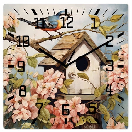 Retro Birdhouse Wooden Wall Clock Silent Non Ticking, Pink Spring Floral Birds Vintage Square Wall Clocks Battery Operated, Decor Clock for Home Office, Living Room, Kitchen, 12 Inch