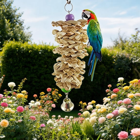 Bird Swing with Bell – Natural Wooden Grass Hanging Toy for Parrots, Cockatiels, Budgies – Chewing and Climbing Accessory – Durable Bird Cage Toy