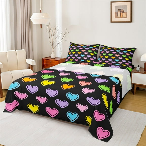 Manfei Rainbow Heart Pattern Twin Sheet Sets,Cute Cartoon Print Twin Fitted Sheet,Pink Purple Black Flat Sheet For Girls Teens,Microfiber Bedroom Decor,3 Pieces