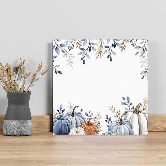 Thanksgiving Fall Wall Art Painting on Canvas, Blue White Pumpkin Eucalyptus Autumn Canvas Art Home Prints Wall Art Framed Modern Artwork for Living Room Bedroom Wall Decor 16x16in