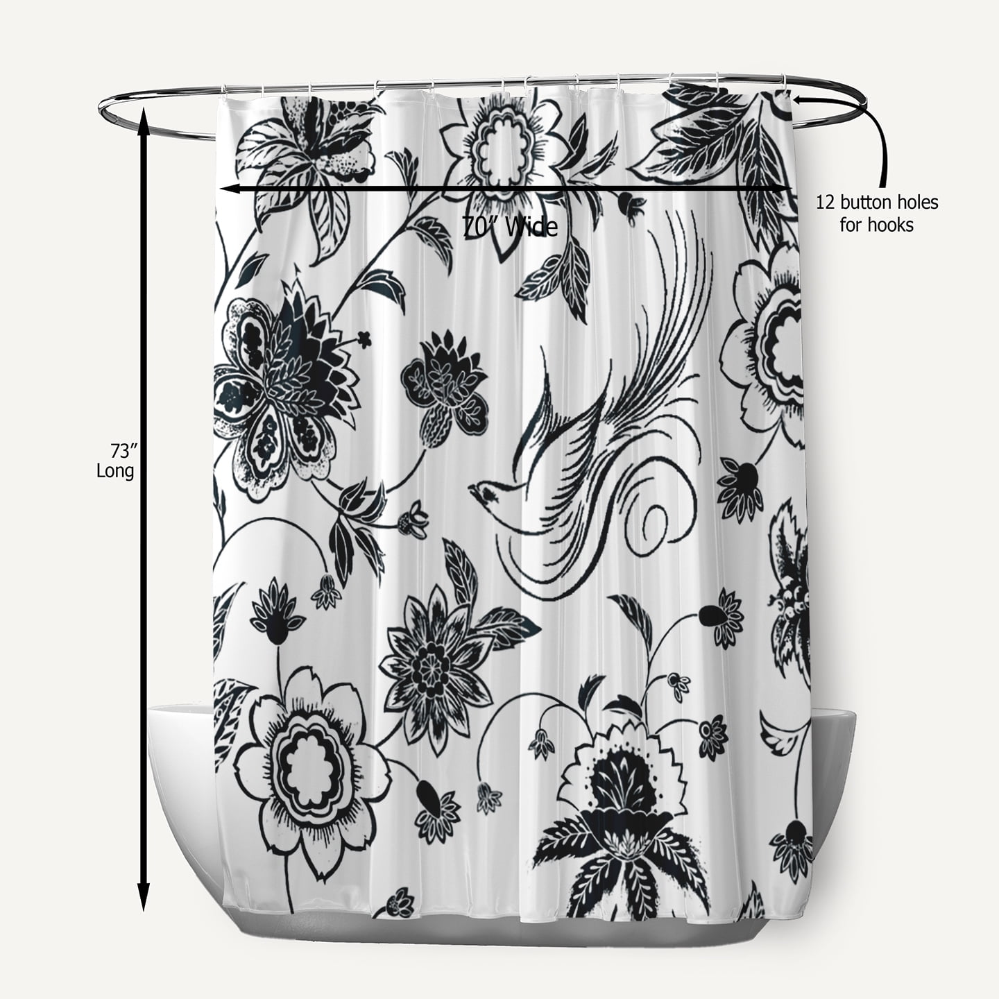Simply Daisy 70" W x 73" L Traditional Bird Floral Polyester Shower Curtain, Black [1 Ct]