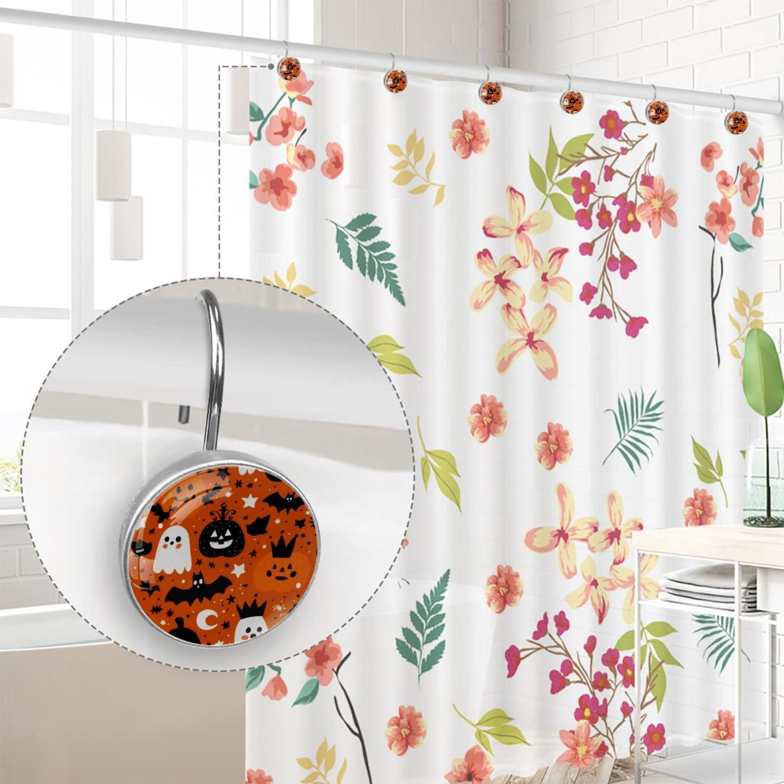 12pcs Decorative Shower Curtain Hooks, Rust Resistant Shower Rings for Bathroom Living Room,Rustproof Stainless Steel Rings for Shower Curtain and Liner Rods,Halloween Pattern Orange