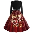 thumbnail image 3 of Women's 2025 New Year's Eve Dress Long Sleeve, Fireworks Print, Elegant A-Line Party Gown with Bow Belt, 3 of 3