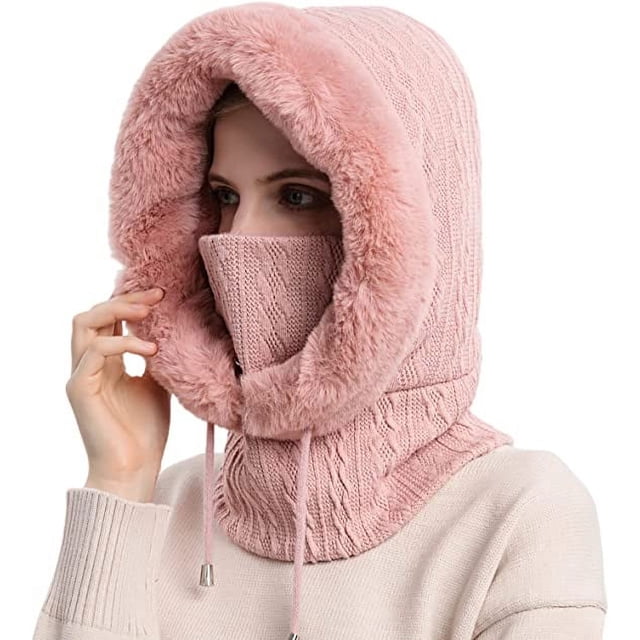 JM Gorro de invierno para mujer, pasamontañas de punto con forro polar de una pieza, conjunto de máscara, cuello de calavera, bufanda circular, gorro de nieve para esquí, gorro con pompón (rosa) JM