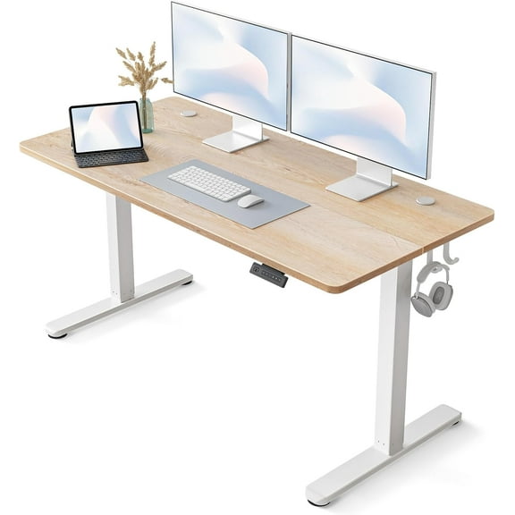 FEZIBO 55 x 24 Inchs Electric Standing Desk, Height Adjustable, Sit Stand Up, Computer Office Desk with Splice Board, White Frame/Maple Top