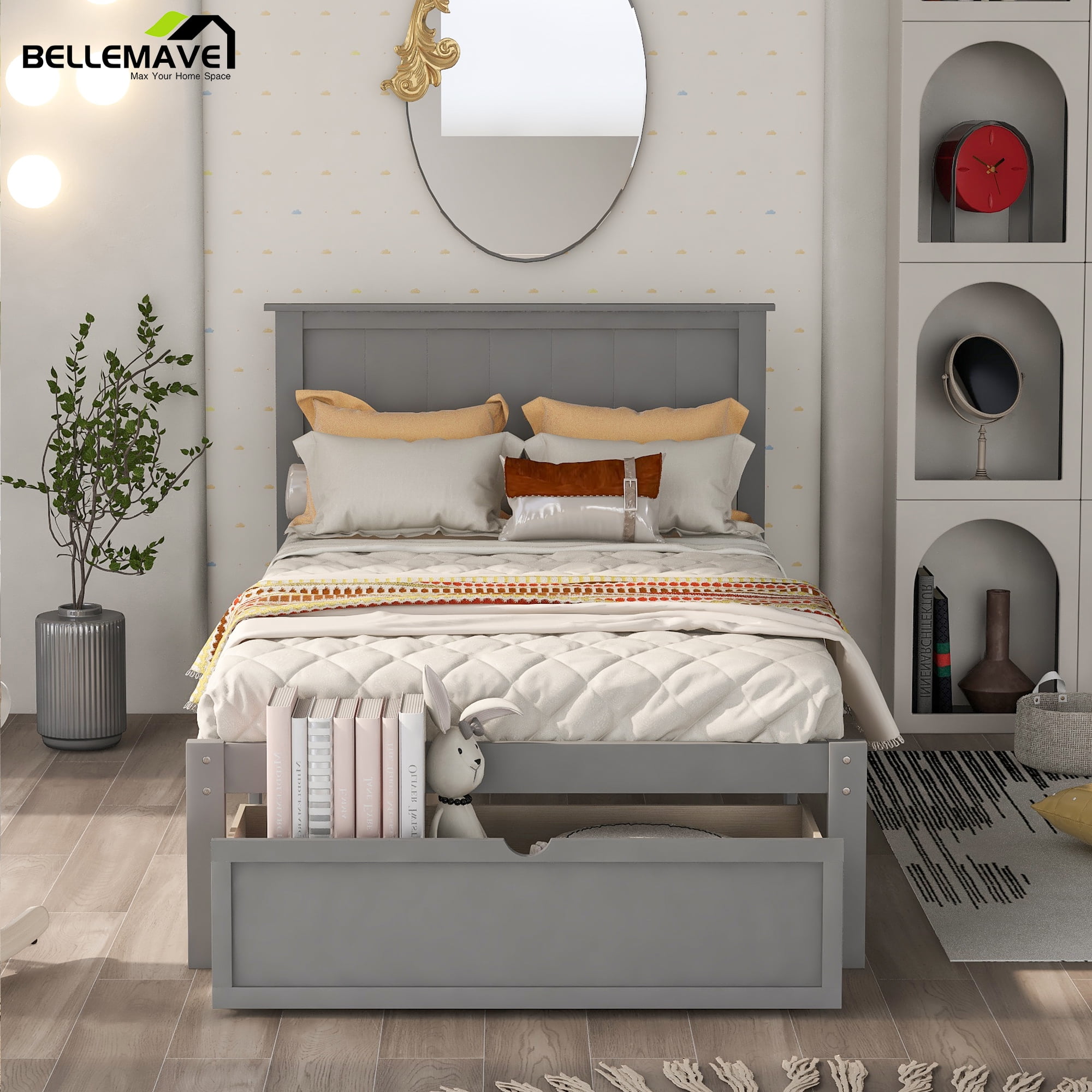 Bellemave Twin Size Bed Frame with Storage Drawers, Twin Wood Platform Bed with Headboard for Kids, Boys & Girls (Gray)