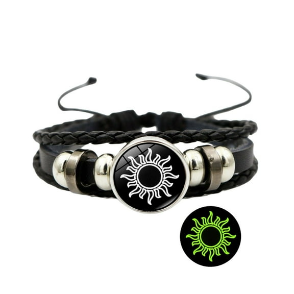 Luminous Sun Moon Lovers Leather Bracelet For Glow In The Dark Adjustable Wristband Boho Celestial Charm Jewelry Black