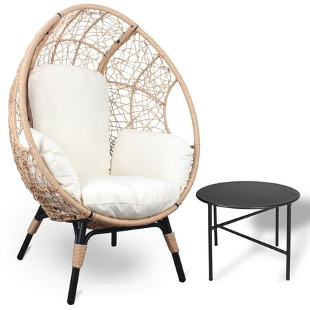 Wicker Egg Chair Stationary Patio Lounge Basket with Side Table & 8" Thick Cushion Gorgeous Indoor Outdoor Lounge Chair,500 lbs Capacity