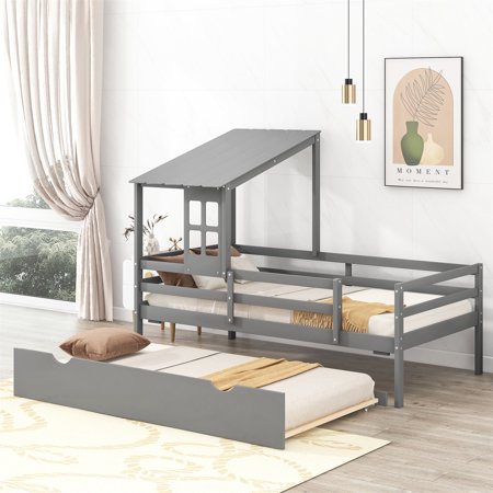 Twin Size Loft House Bed with Trundle Wood House Shaped Bed Frame with Roof and Window Multifunctional Platform Bed Low Loft Bed with Safety Guardrail for Boy Girl Bedroom No Box Spring Needed Grey