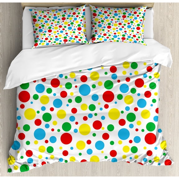 Colorful Duvet Cover Set Queen Size, Multicolored Traditional Polka Dots with Many Sizes Circus Themed Illustration, Decorative 3 Piece Bedding Set with 2 Pillow Shams, Multicolor, by Ambesonne