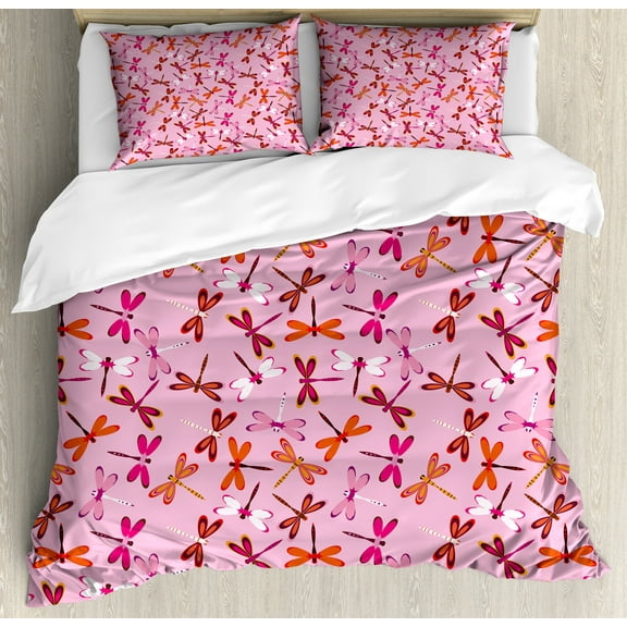 Retro Duvet Cover Set, Colorful Theme Colorful Dragonflies Pattern Flying Animals Repetition, Decorative 3 Piece Bedding Set with 2 Pillow Shams, Calking Size, Pale Pink Orange Hot Pink, by Ambesonne