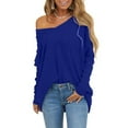 thumbnail image 3 of Scyoekwg Fall Long Sleeve Shirts for Womens Comfy Pullover 2025 Fashion Round Neck Off Shoulder Tunic Tops Classic Solid Color Casual Loose Fit Blouses Autumn Comfy Lightweight Blue L, 3 of 4