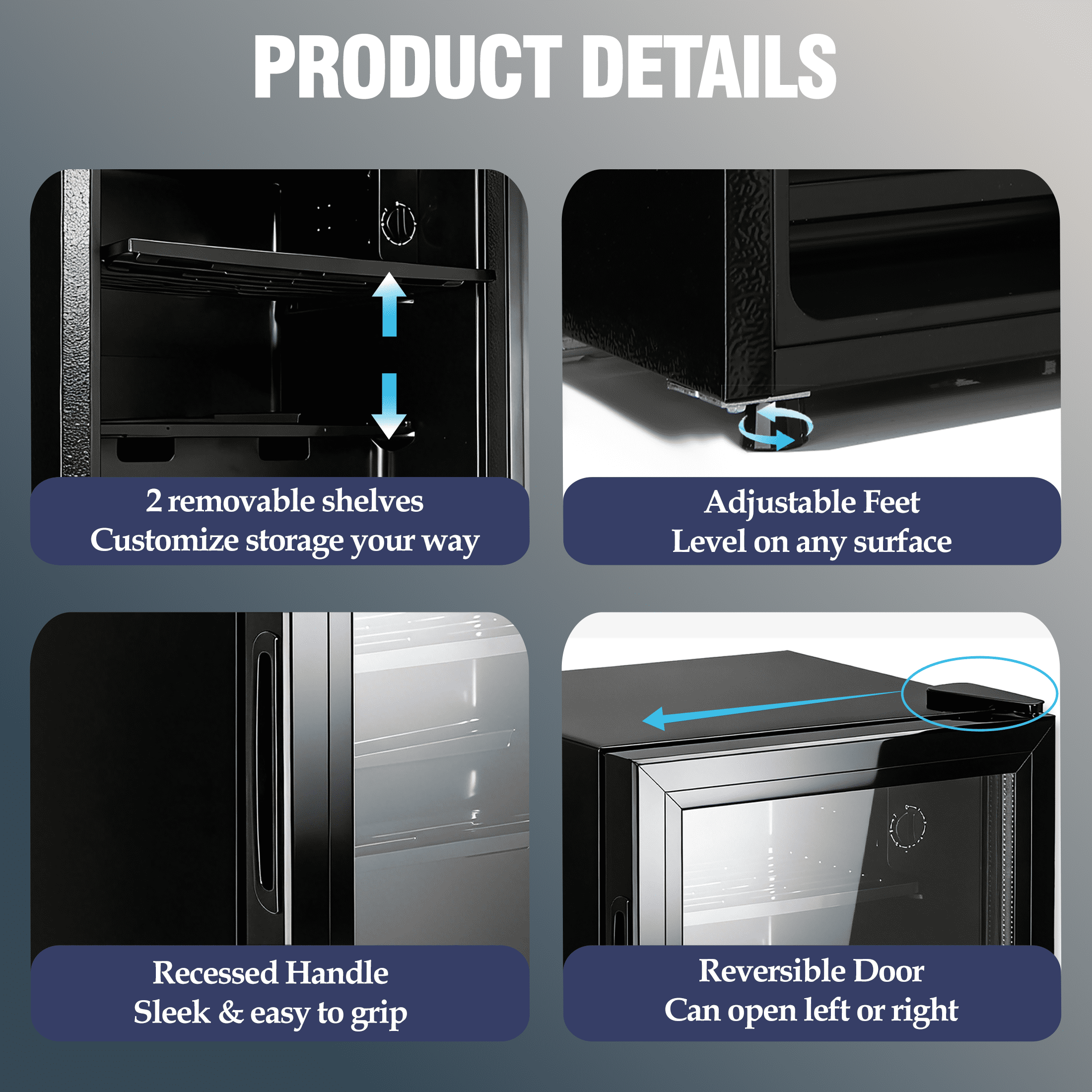 CALLIEVER 1.4 Cu.Ft Beverage Refrigerator, 52 Can Mini Fridge with Double Glass Door, 2 Adjustable Shelves, 38dB Quiet 7-Level Temp Control, Energy Saving 0.4kWh/day for Gaming Room Kitchen Bar Offic