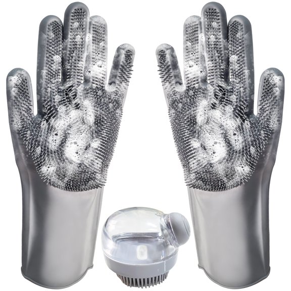 Syenll Pet Grooming Gloves with Silicone Brush, 2 in 1 Pet Shower Set with Bath Brush, Massage Mitt with Enhanced Five Finger Design for Dogs, Cats, Gray