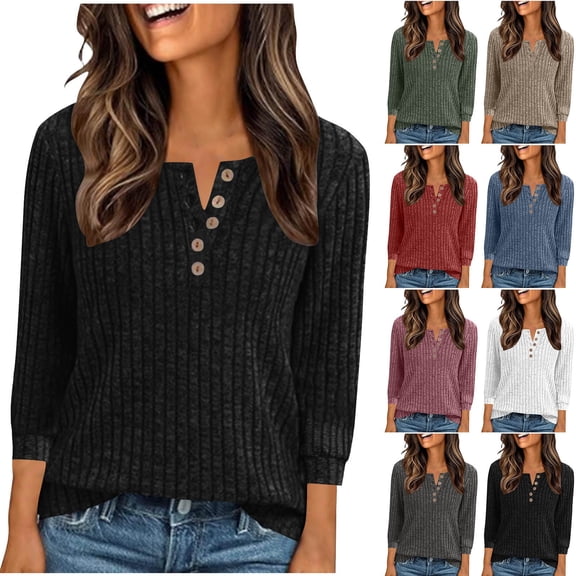 LIZUOJUNF Womens Henley Knit Shirts Dressy Lightweight Tunic Sweaters Business Casual Blouses V Neck Seven Quarter Sleeve 2026 Summer Spring Outfits