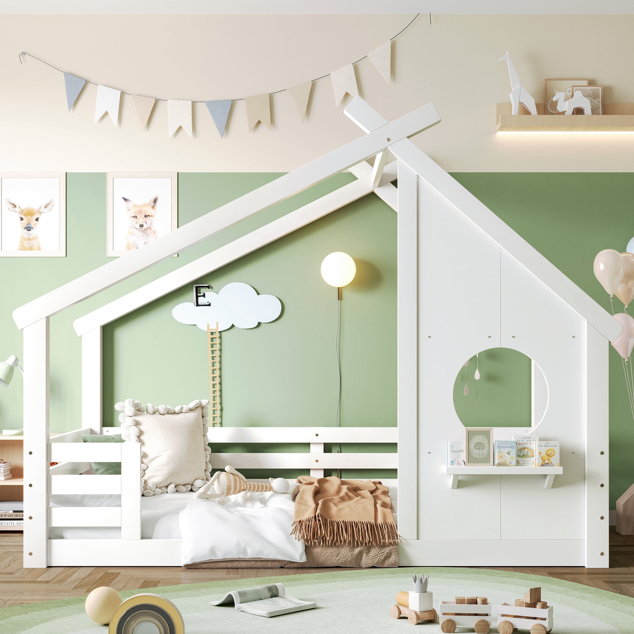 Noble House Twin House Floor Bed with Small Shelf, Montessori Kids Bed Frame, White